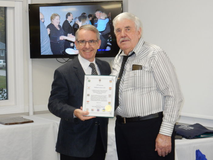 MP Bruce Stanton presents Bruce Tinney certificate to honour Bruce's 50 years in Civitan